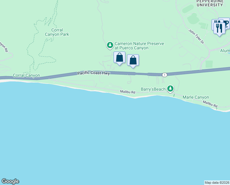 map of restaurants, bars, coffee shops, grocery stores, and more near 25124 Malibu Road in Malibu