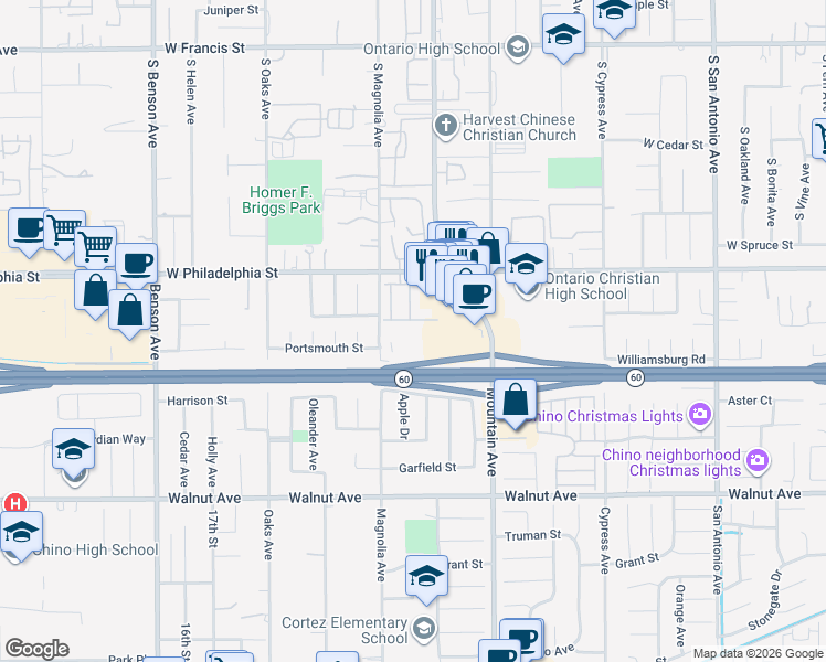 map of restaurants, bars, coffee shops, grocery stores, and more near 1123 West Whittlers Lane in Ontario