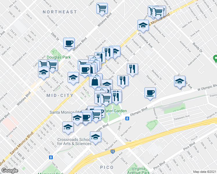 map of restaurants, bars, coffee shops, grocery stores, and more near 1524 Princeton Street in Santa Monica