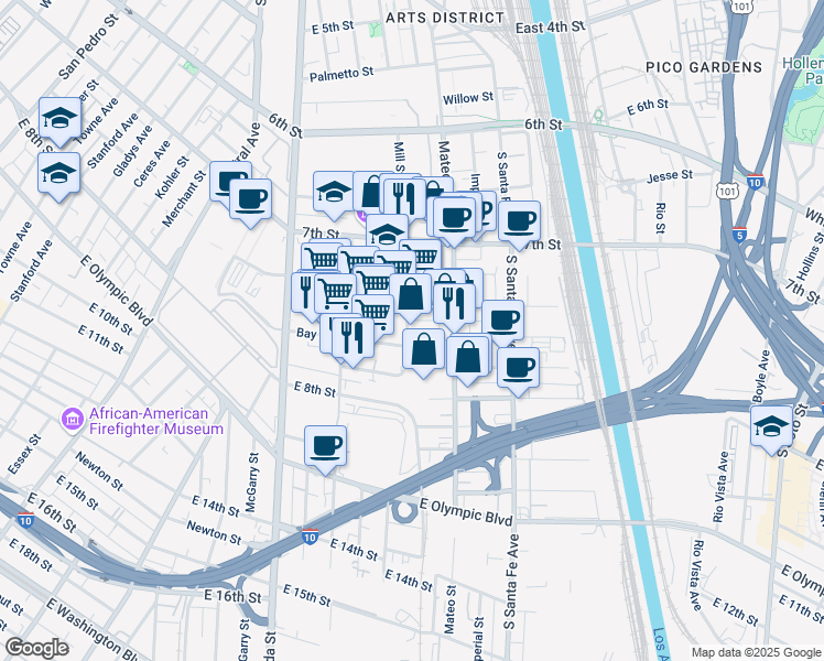 map of restaurants, bars, coffee shops, grocery stores, and more near 932 Wilson Street in Los Angeles