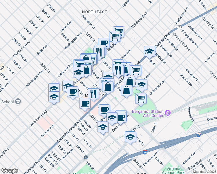 map of restaurants, bars, coffee shops, grocery stores, and more near 2401 Santa Monica Boulevard in Santa Monica
