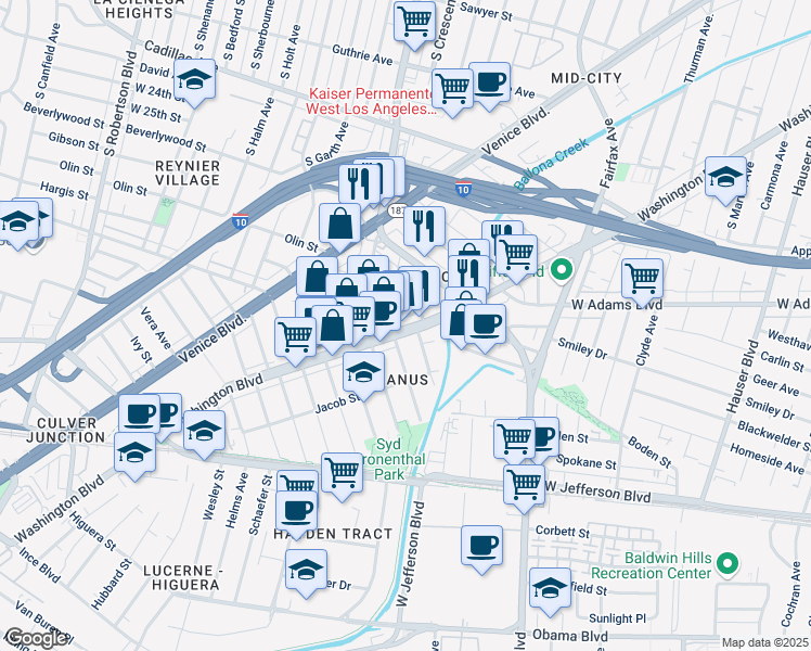 map of restaurants, bars, coffee shops, grocery stores, and more near 6023 Washington Boulevard in Culver City