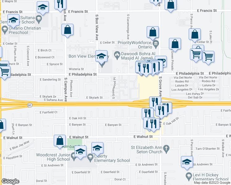 map of restaurants, bars, coffee shops, grocery stores, and more near 2319 South Greenwood Place in Ontario
