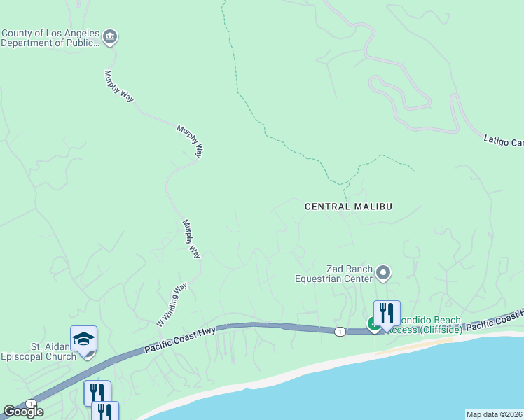 map of restaurants, bars, coffee shops, grocery stores, and more near 27445 Winding Way in Malibu