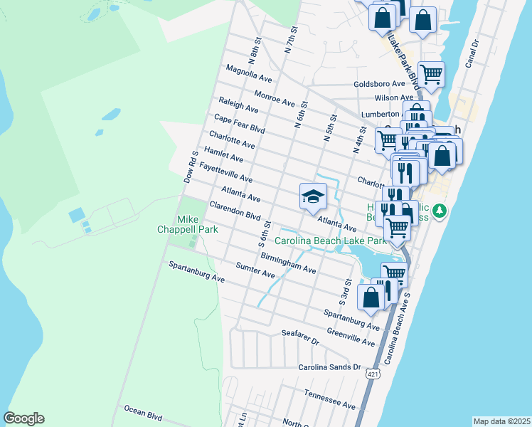 map of restaurants, bars, coffee shops, grocery stores, and more near in Carolina Beach