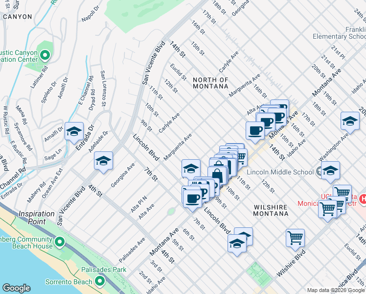 map of restaurants, bars, coffee shops, grocery stores, and more near 508 10th Street in Santa Monica