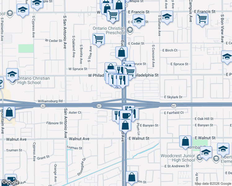 map of restaurants, bars, coffee shops, grocery stores, and more near 2333 South Via Esplanade in Ontario