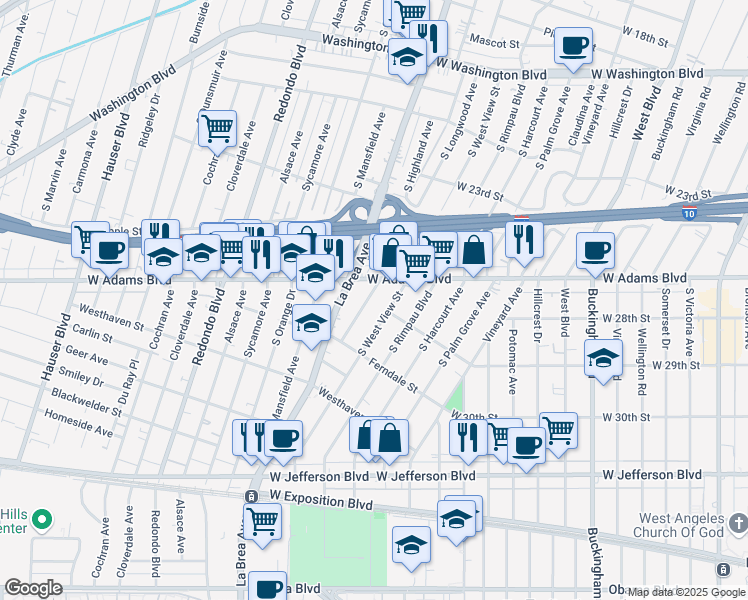 map of restaurants, bars, coffee shops, grocery stores, and more near 2622 South Longwood Avenue in Los Angeles