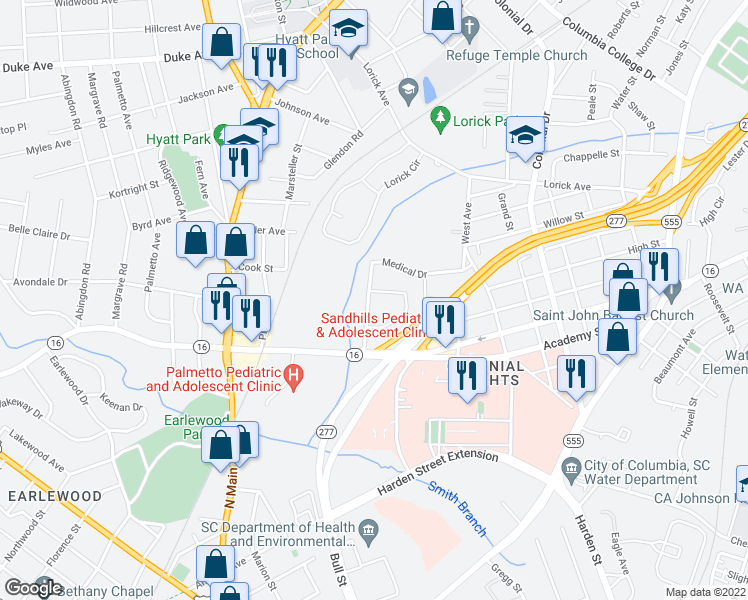 map of restaurants, bars, coffee shops, grocery stores, and more near 3518 Medical Drive in Columbia