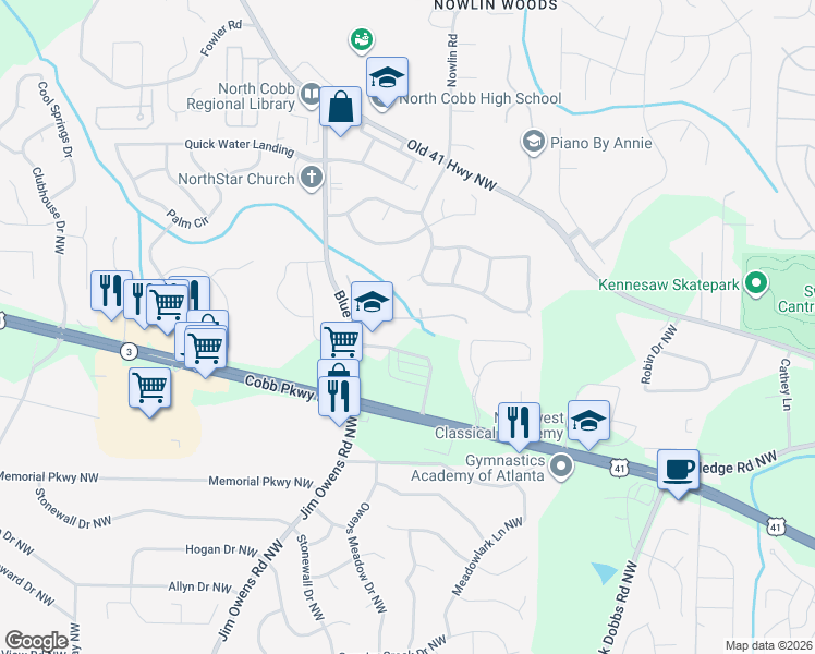 map of restaurants, bars, coffee shops, grocery stores, and more near 3329 Freedom Landing Northwest in Kennesaw