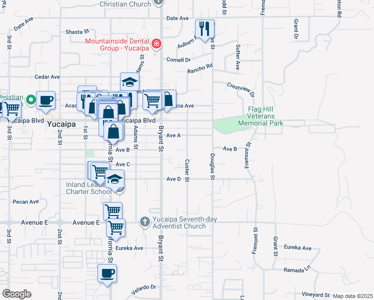 map of restaurants, bars, coffee shops, grocery stores, and more near 12220 Custer Street in Yucaipa