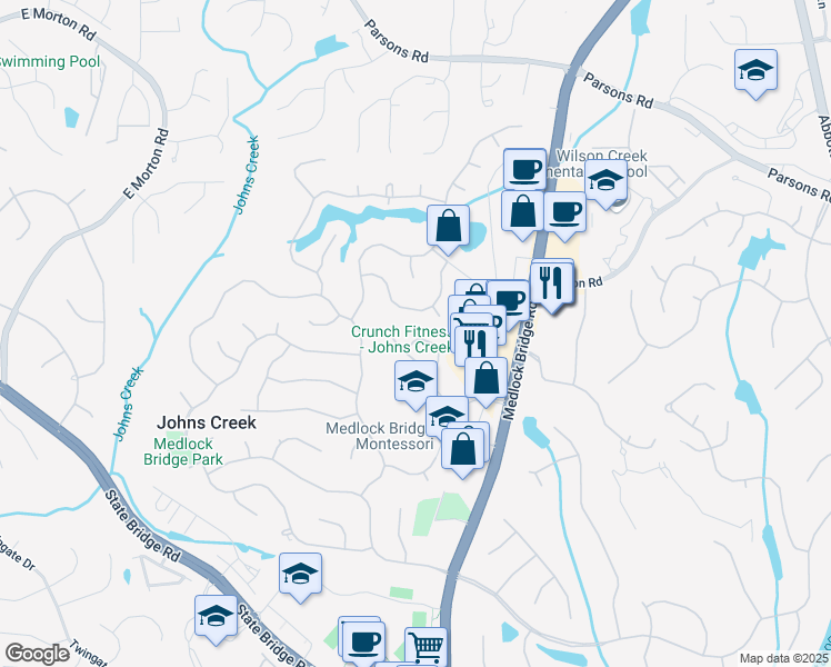 map of restaurants, bars, coffee shops, grocery stores, and more near 10365 Medridge Circle in Alpharetta