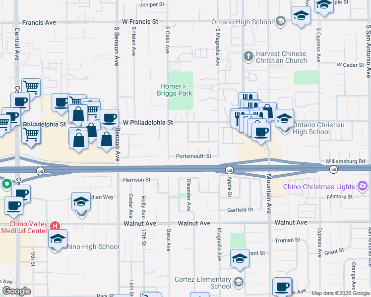 map of restaurants, bars, coffee shops, grocery stores, and more near 1311 Monticello Street in Ontario