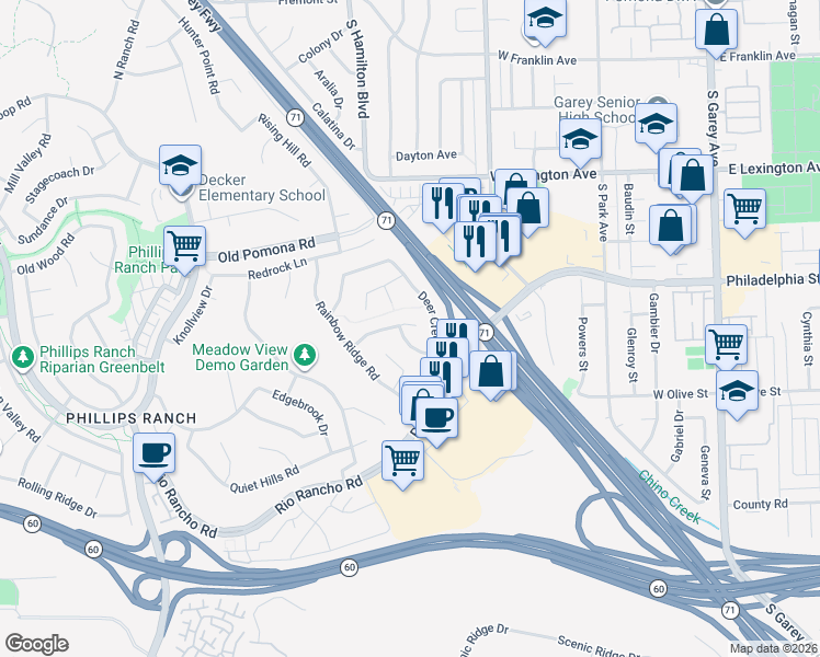 map of restaurants, bars, coffee shops, grocery stores, and more near 19 Skyline Lane in Pomona