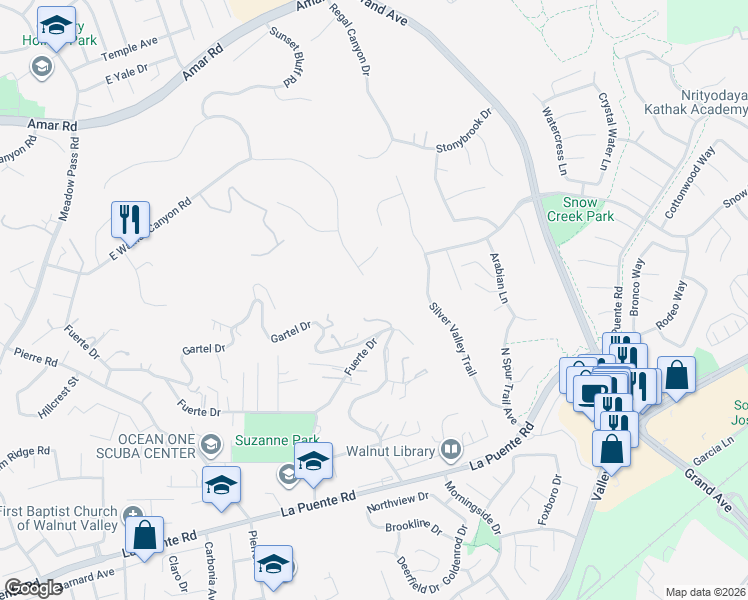 map of restaurants, bars, coffee shops, grocery stores, and more near 20966 East Walnut Canyon Road in Walnut