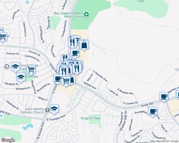 map of restaurants, bars, coffee shops, grocery stores, and more near 1627 South Nadine Street in West Covina
