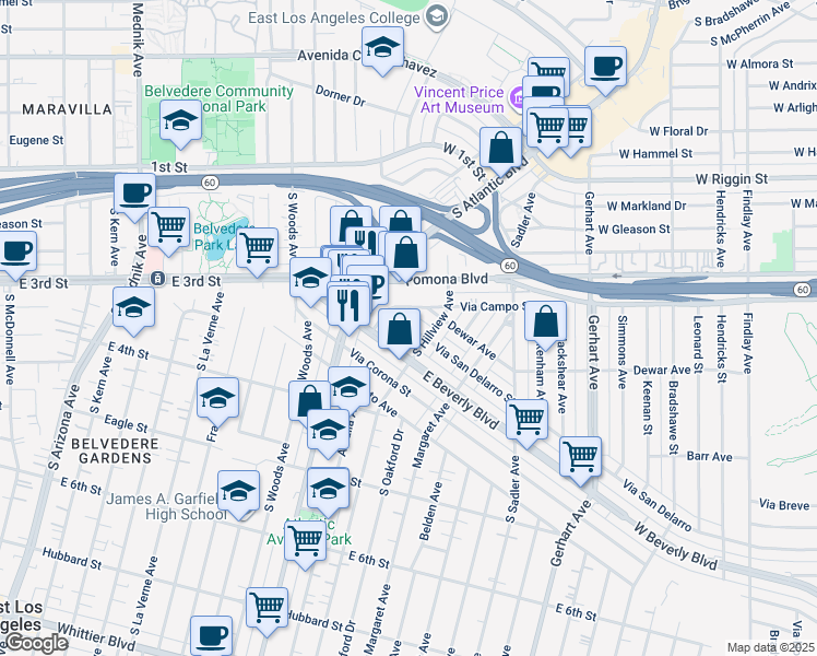 map of restaurants, bars, coffee shops, grocery stores, and more near 5240 Via San Delarro Street in East Los Angeles