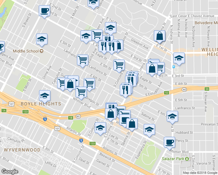 map of restaurants, bars, coffee shops, grocery stores, and more near 3220 East 6th Street in Los Angeles