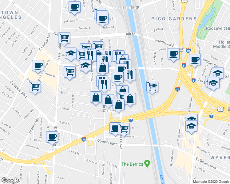 map of restaurants, bars, coffee shops, grocery stores, and more near 2019 Bay Street in Los Angeles