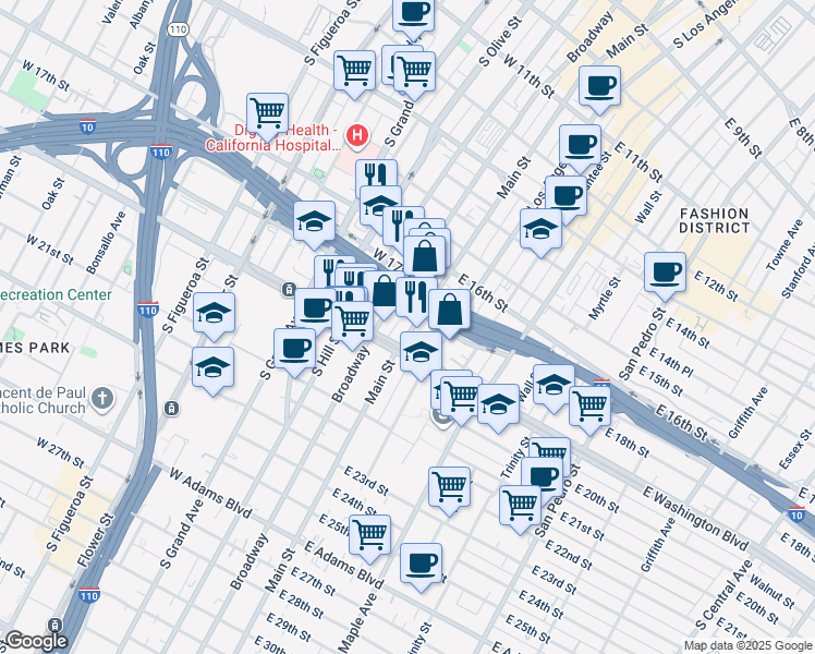 map of restaurants, bars, coffee shops, grocery stores, and more near 1815 South Main Street in Los Angeles