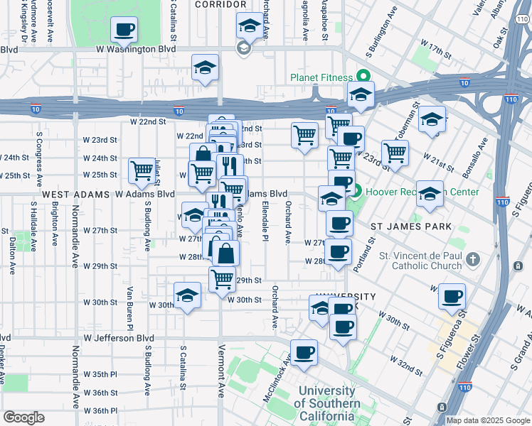 map of restaurants, bars, coffee shops, grocery stores, and more near 2620 Ellendale Place in Los Angeles