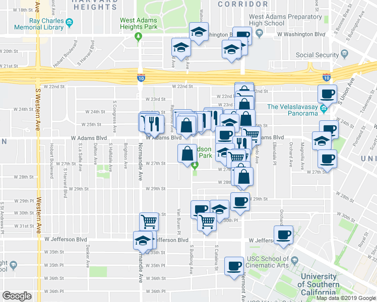 map of restaurants, bars, coffee shops, grocery stores, and more near 2625 Budlong Avenue in Los Angeles