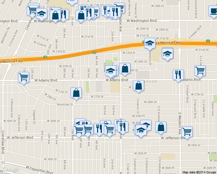 map of restaurants, bars, coffee shops, grocery stores, and more near 3235 West Adams Boulevard in Los Angeles