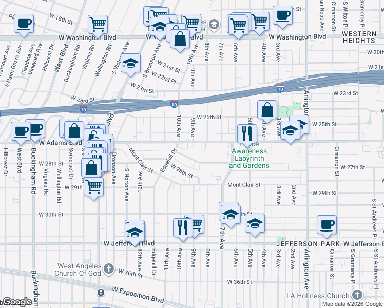 map of restaurants, bars, coffee shops, grocery stores, and more near 3908 West Adams Boulevard in Los Angeles