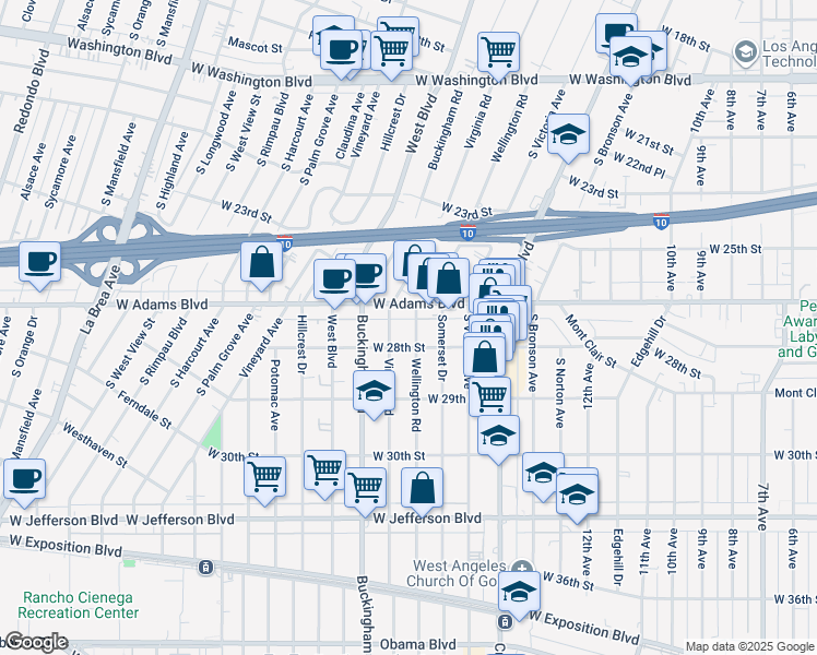 map of restaurants, bars, coffee shops, grocery stores, and more near 2616 Wellington Road in Los Angeles