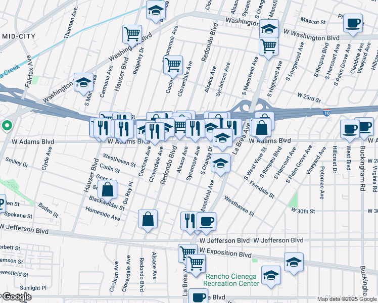 map of restaurants, bars, coffee shops, grocery stores, and more near 5237 West Adams Boulevard in Los Angeles