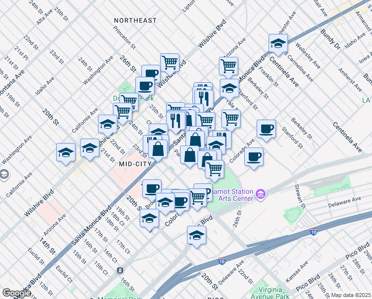 map of restaurants, bars, coffee shops, grocery stores, and more near 1428 25th Street in Santa Monica