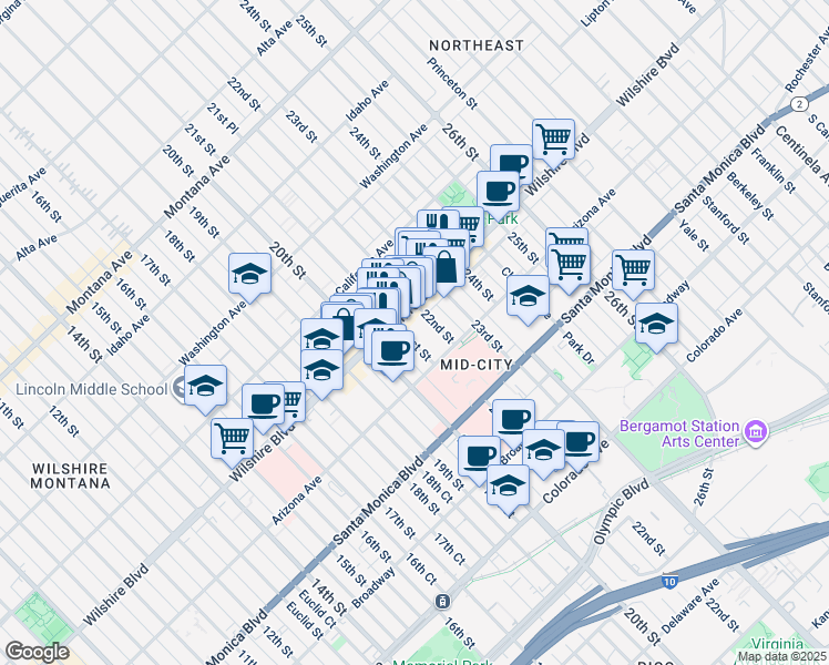 map of restaurants, bars, coffee shops, grocery stores, and more near in Santa Monica