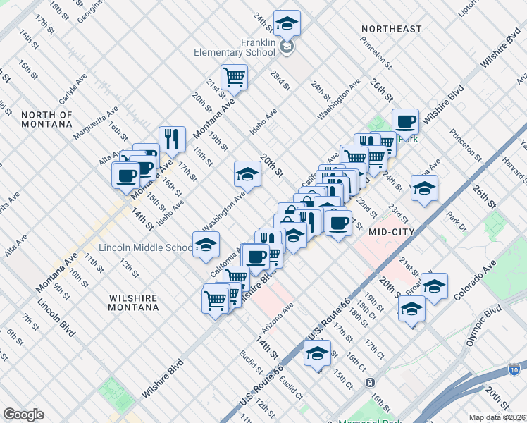 map of restaurants, bars, coffee shops, grocery stores, and more near 1044 19th Street in Santa Monica