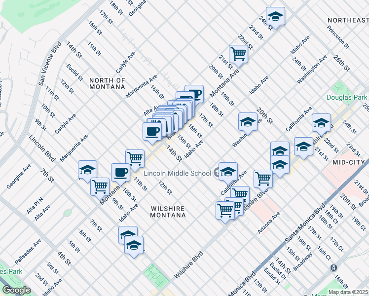 map of restaurants, bars, coffee shops, grocery stores, and more near 828 15th Street in Santa Monica