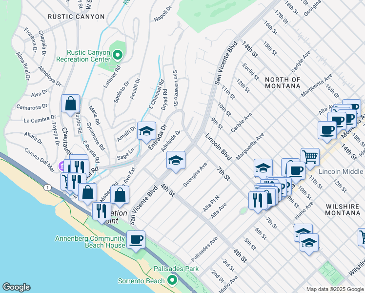 map of restaurants, bars, coffee shops, grocery stores, and more near 605 San Vicente Boulevard in Santa Monica