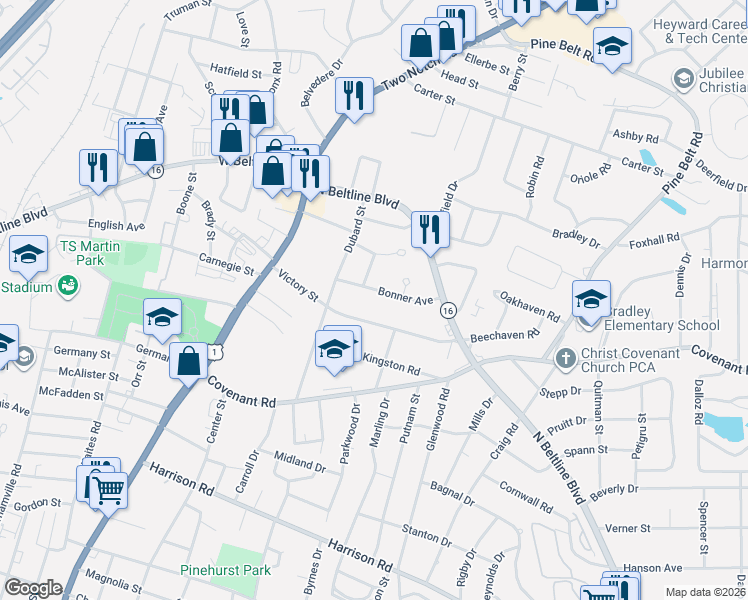 map of restaurants, bars, coffee shops, grocery stores, and more near 1425 Bonner Avenue in Columbia
