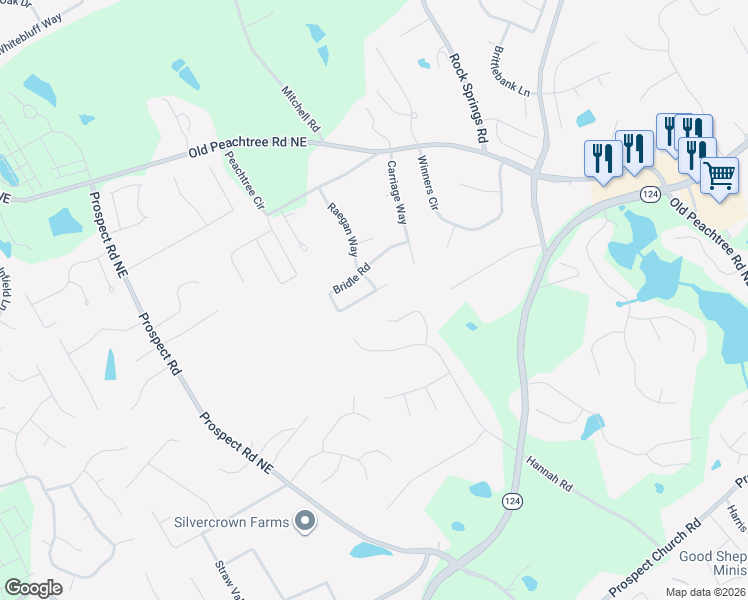 map of restaurants, bars, coffee shops, grocery stores, and more near 1708 Bridle Road in Lawrenceville