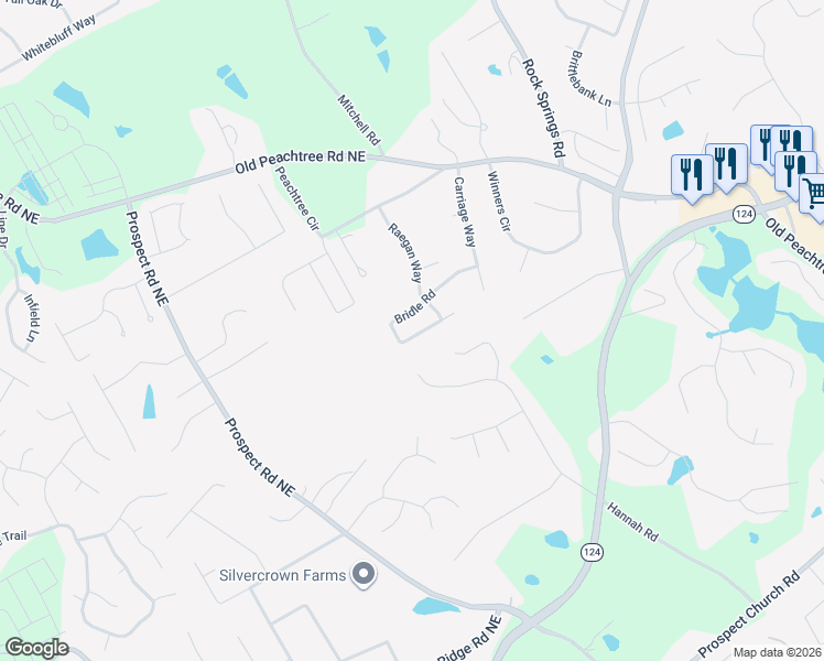 map of restaurants, bars, coffee shops, grocery stores, and more near 1891 Bridle Road in Lawrenceville