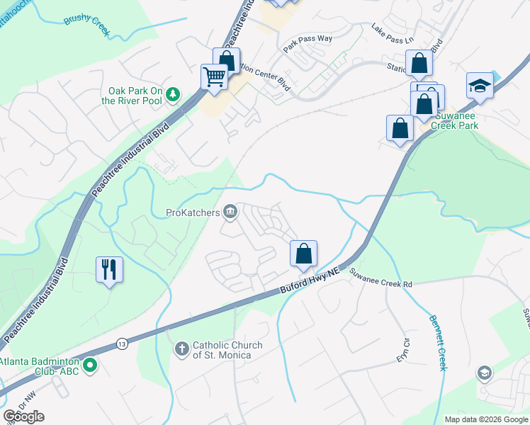 map of restaurants, bars, coffee shops, grocery stores, and more near 1576 Baxley Pine Trace in Suwanee