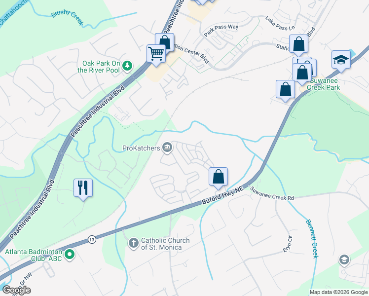 map of restaurants, bars, coffee shops, grocery stores, and more near 3863 Baxley Pine Trail in Suwanee