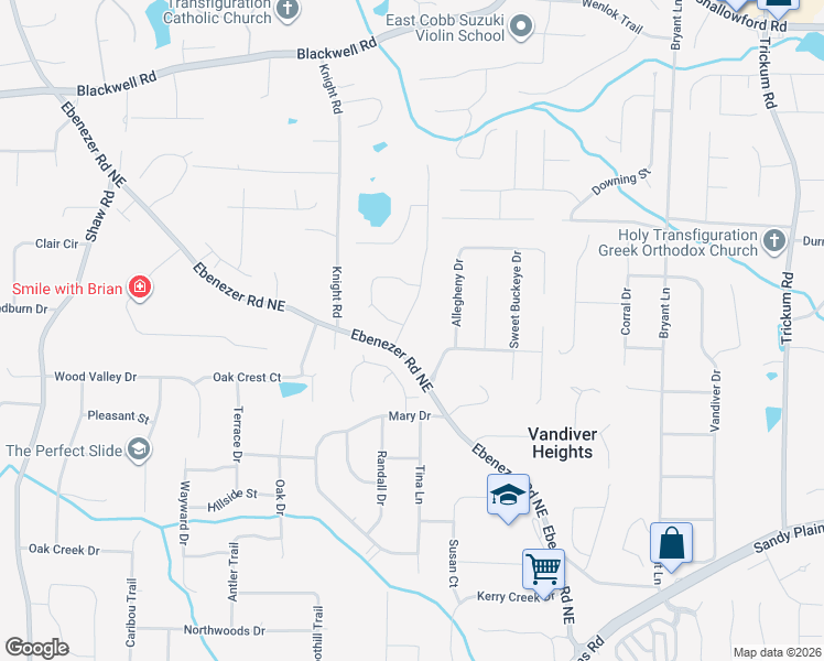 map of restaurants, bars, coffee shops, grocery stores, and more near 3318 Ebenezer Farm Road Northeast in Marietta