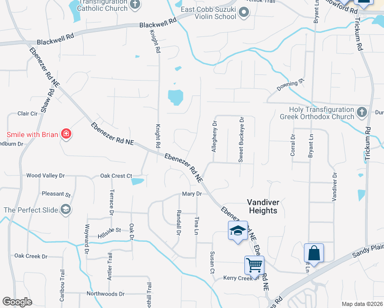 map of restaurants, bars, coffee shops, grocery stores, and more near 3318 Ebenezer Farm Road Northeast in Marietta