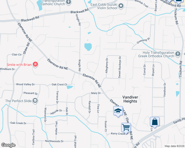 map of restaurants, bars, coffee shops, grocery stores, and more near 1807 Ebenezer Farm Circle Northeast in Marietta