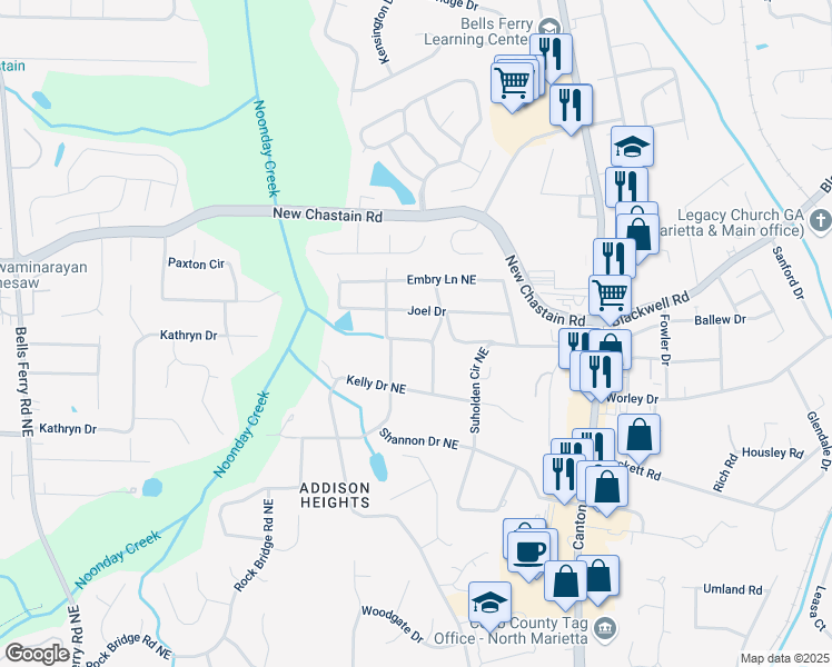 map of restaurants, bars, coffee shops, grocery stores, and more near 3286 Crawford Circle in Marietta