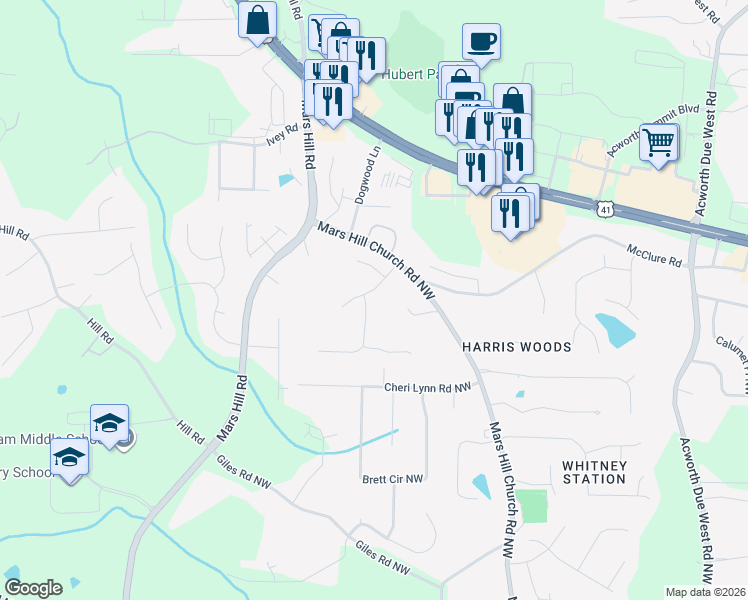 map of restaurants, bars, coffee shops, grocery stores, and more near 4801 Davenport Trce Northwest in Acworth