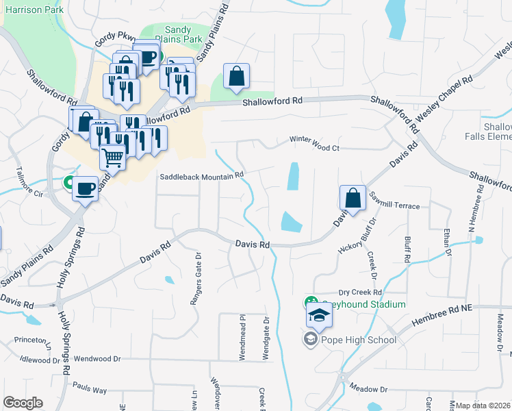 map of restaurants, bars, coffee shops, grocery stores, and more near 3223 Woodleaf Court in Marietta