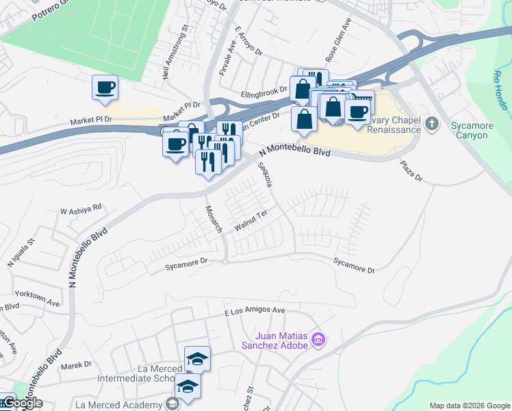 map of restaurants, bars, coffee shops, grocery stores, and more near 1385 Snowberry Place in Montebello