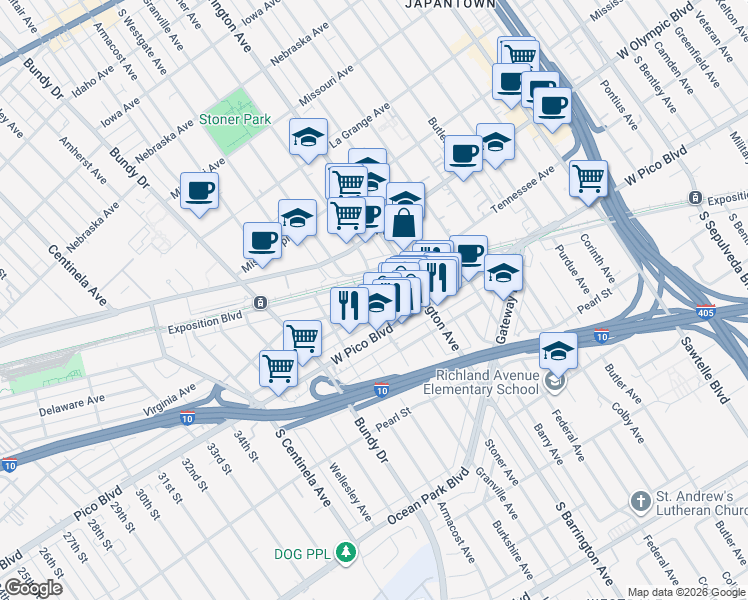 map of restaurants, bars, coffee shops, grocery stores, and more near 11755 Tennessee Avenue in Los Angeles