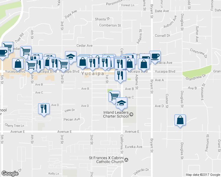 map of restaurants, bars, coffee shops, grocery stores, and more near 35022 Ave B in Yucaipa