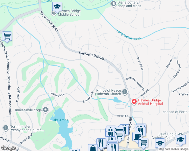 map of restaurants, bars, coffee shops, grocery stores, and more near 2890 Roxburgh Dr in Roswell